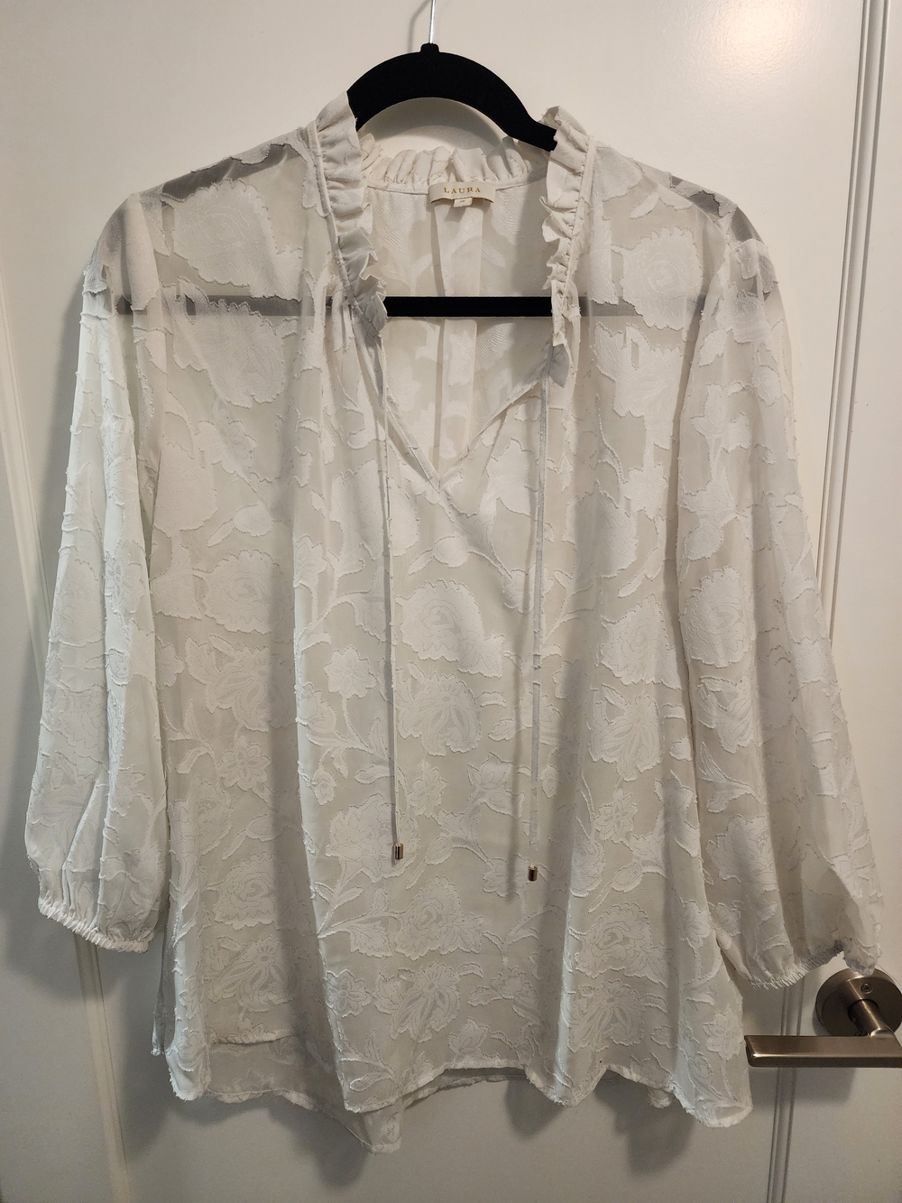 White Floral Jacquard Tie-Neck Blouse